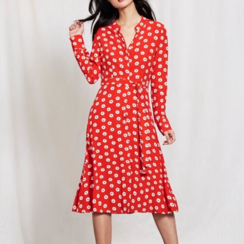 Boden Red White Dot Print Long Sleeve Knee Length Belted Waist Jessica Dress